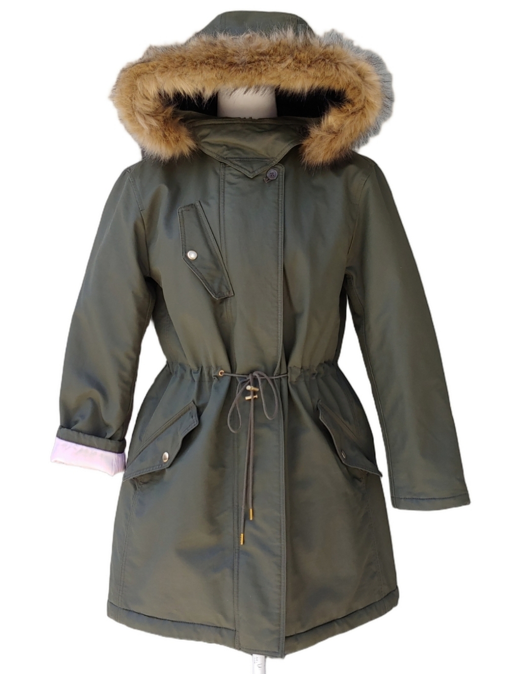 J. Crew Winter Hooded Parka in Olive Sherpa and Pink Quilted Lining Small
